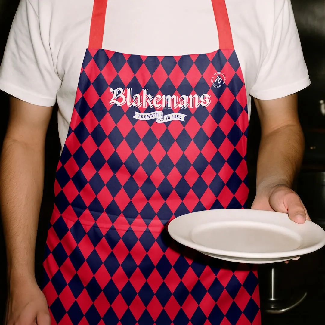 Person wearing a Blakemans branded apron while holding a plate of food.