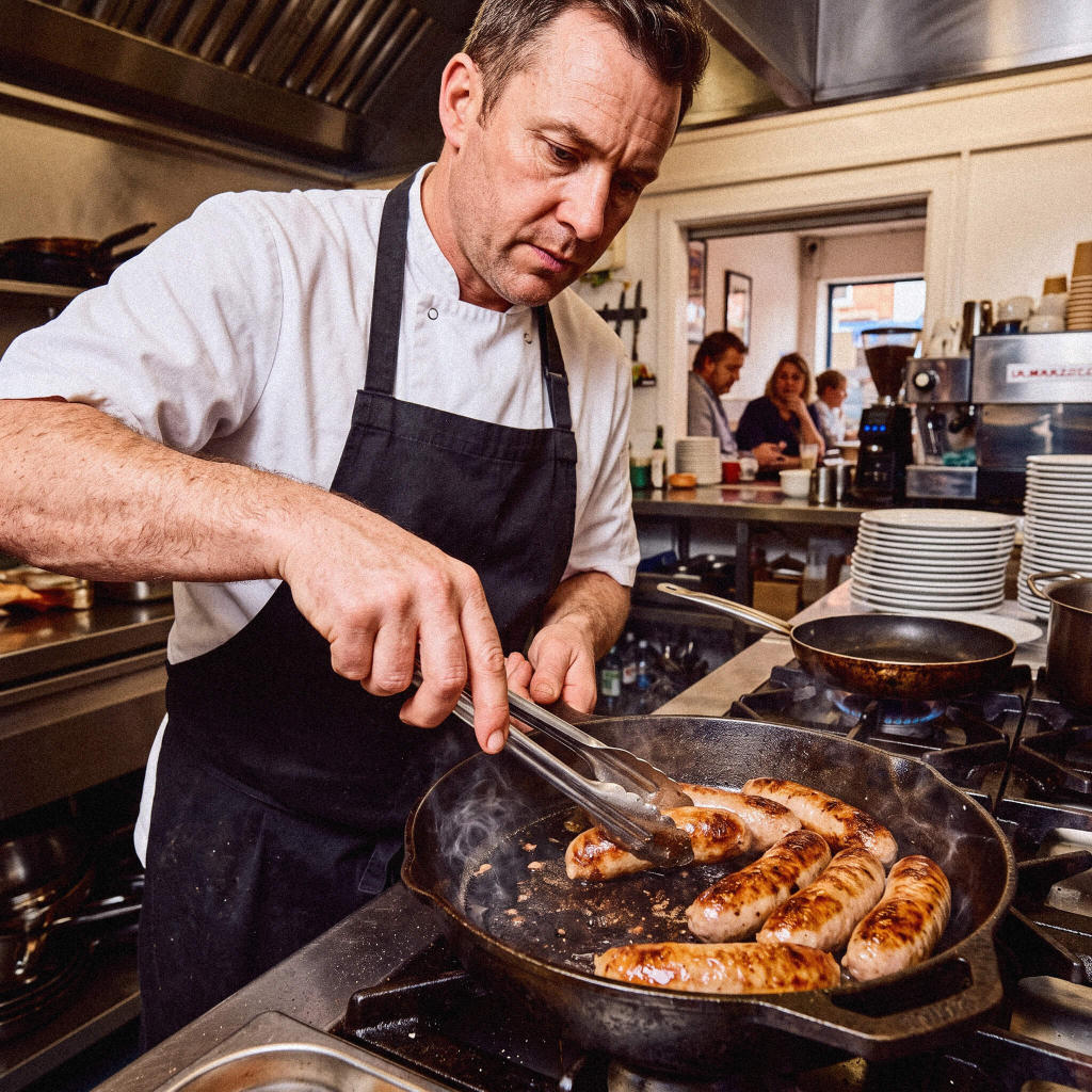 Chef cooking sausages in a frying pan in a professional kitchen.