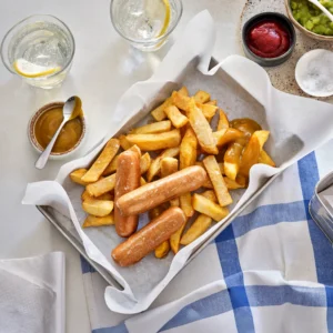 Sausages and chips served with gravy