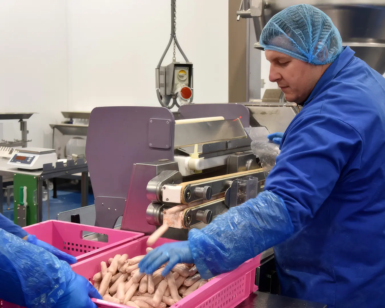 Food production worker operating machinery