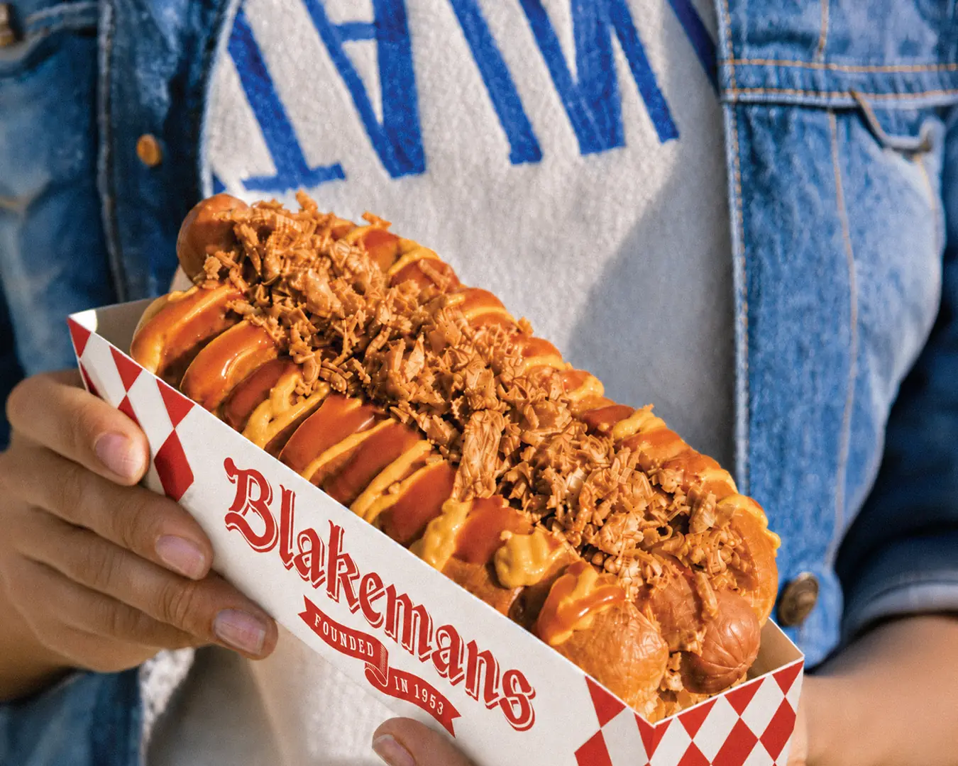 Person holding a hot dog topped with crispy onions