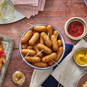 Cocktail sausages served in a bowl with dipping sauce
